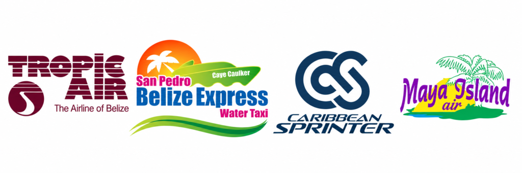 Logos of Tropic Air, San Pedro Belize Express Water Taxi, Caribbean Sprinter, and Maya Island Air